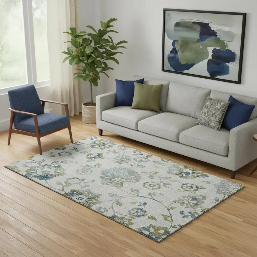 Taupe Blue And Gold Floral Washable Area Rug With UV Protection Photo 1