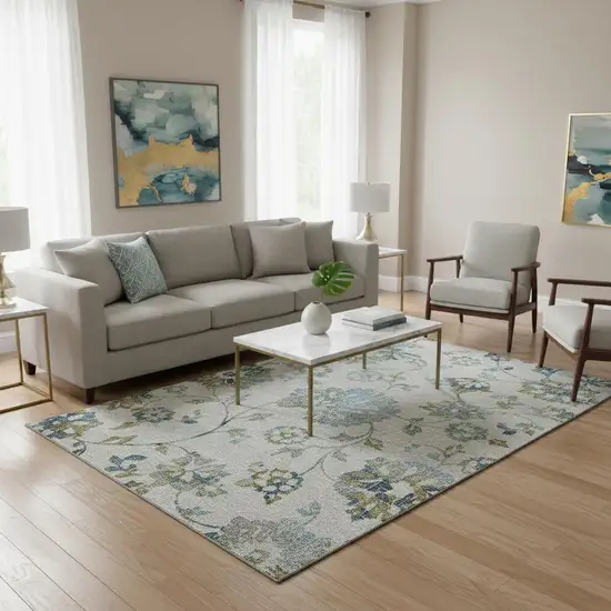 Taupe Blue And Gold Floral Washable Area Rug With UV Protection Photo 2