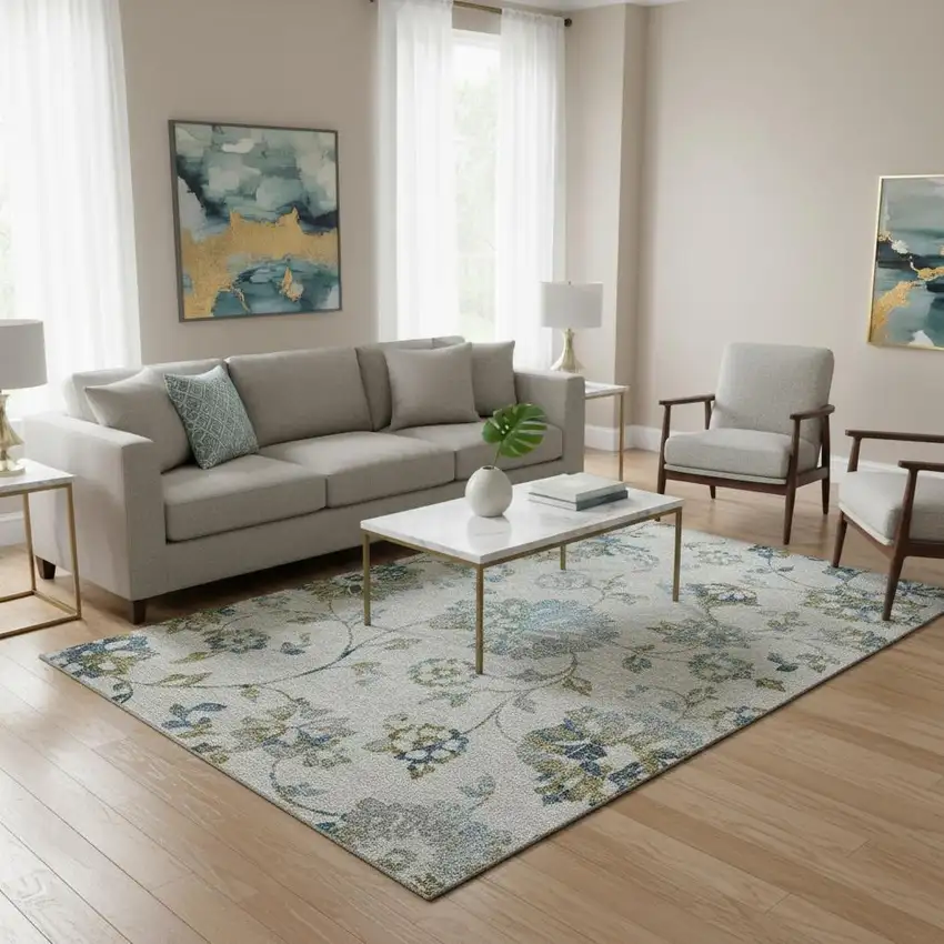 Taupe Blue And Gold Floral Washable Area Rug With UV Protection Photo 2