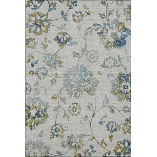 Taupe Blue And Gold Floral Washable Area Rug With UV Protection Photo 4