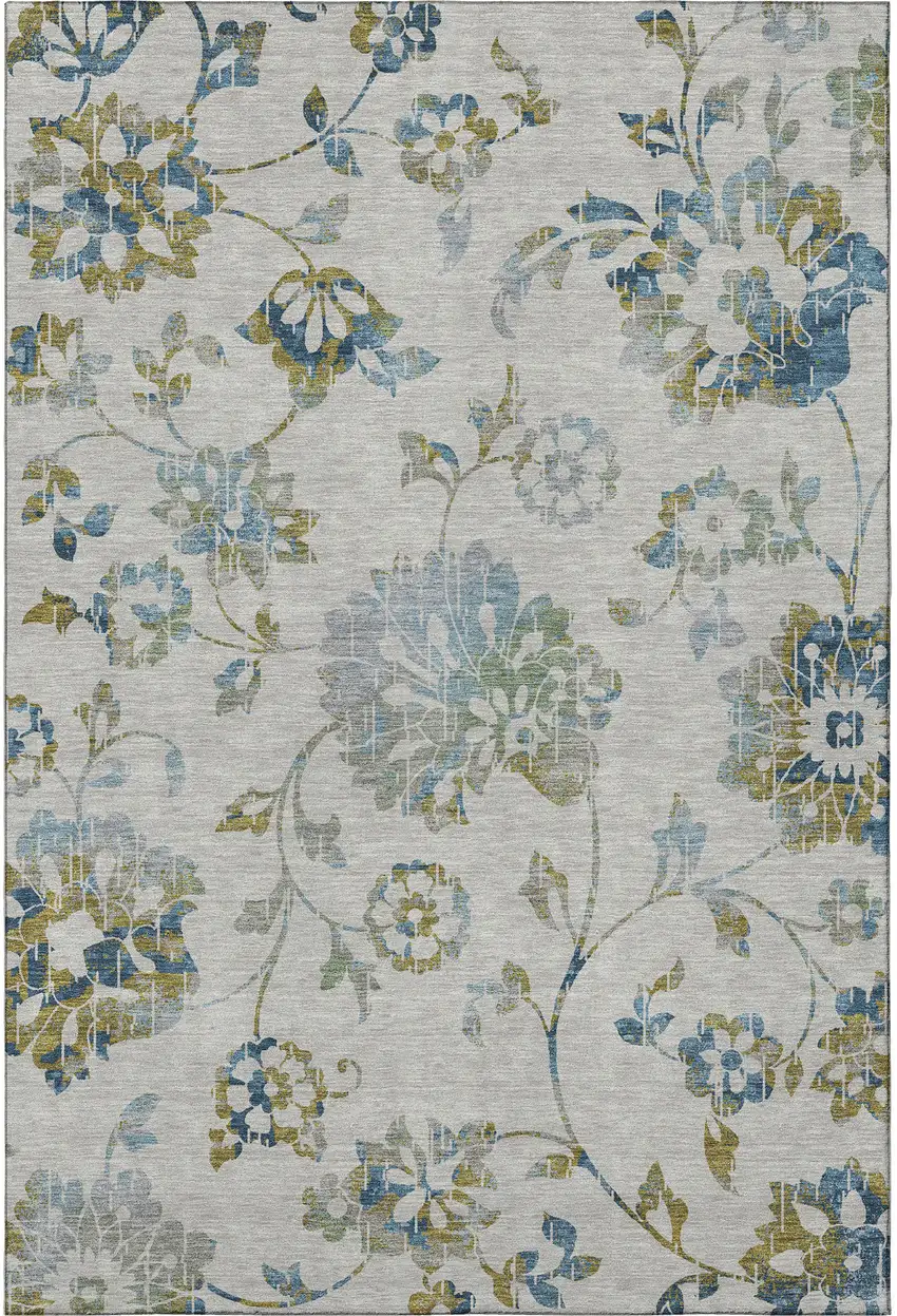 Taupe Blue And Gold Floral Washable Area Rug With UV Protection Photo 4