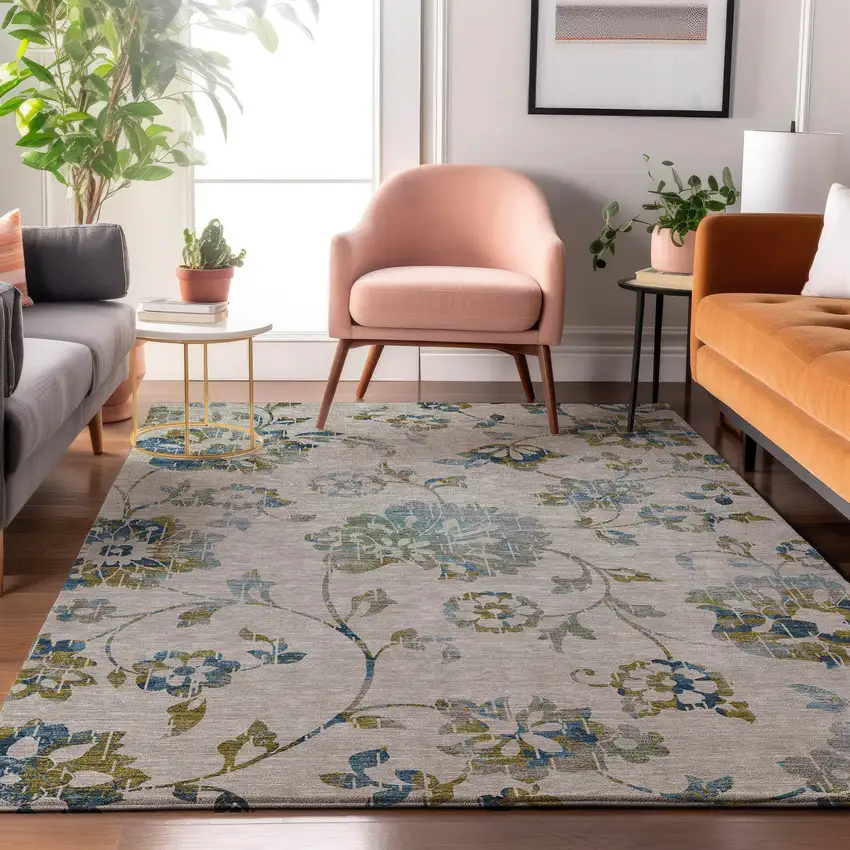 Taupe Blue And Gold Floral Washable Area Rug With UV Protection Photo 5