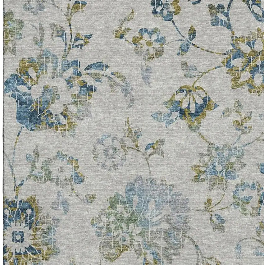 Taupe Blue And Gold Floral Washable Area Rug With UV Protection Photo 3
