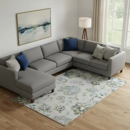 Taupe Blue And Gold Floral Washable Area Rug With UV Protection Photo 1