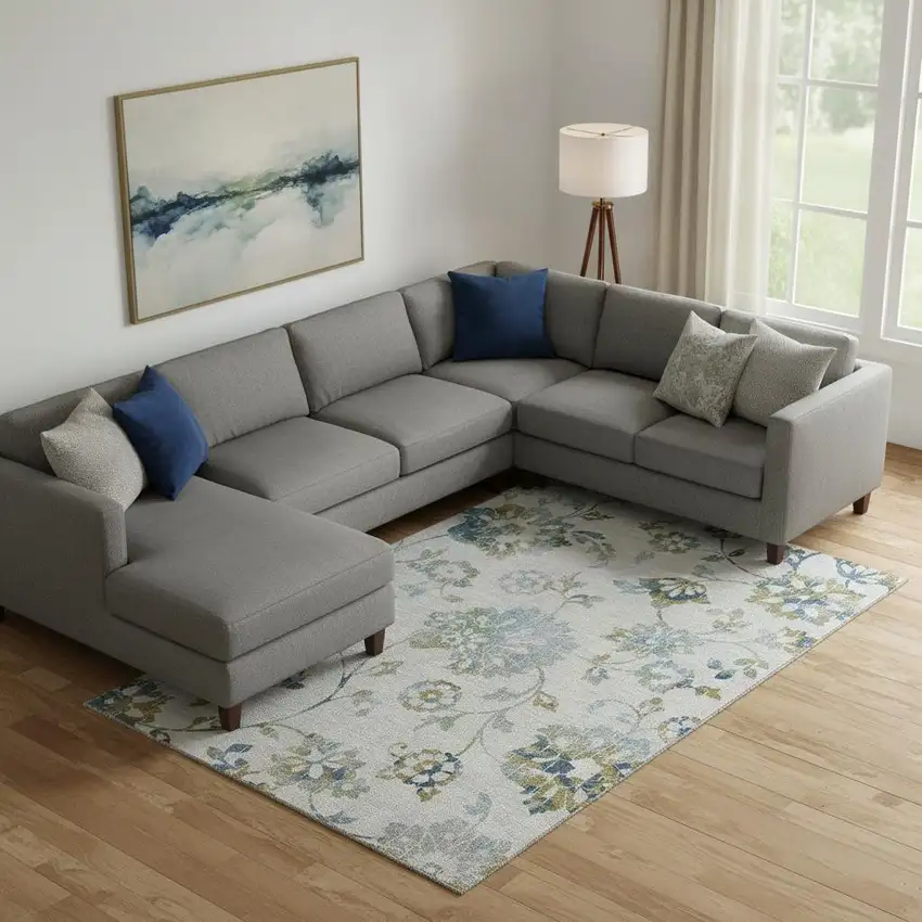 Taupe Blue And Gold Floral Washable Area Rug With UV Protection Photo 1