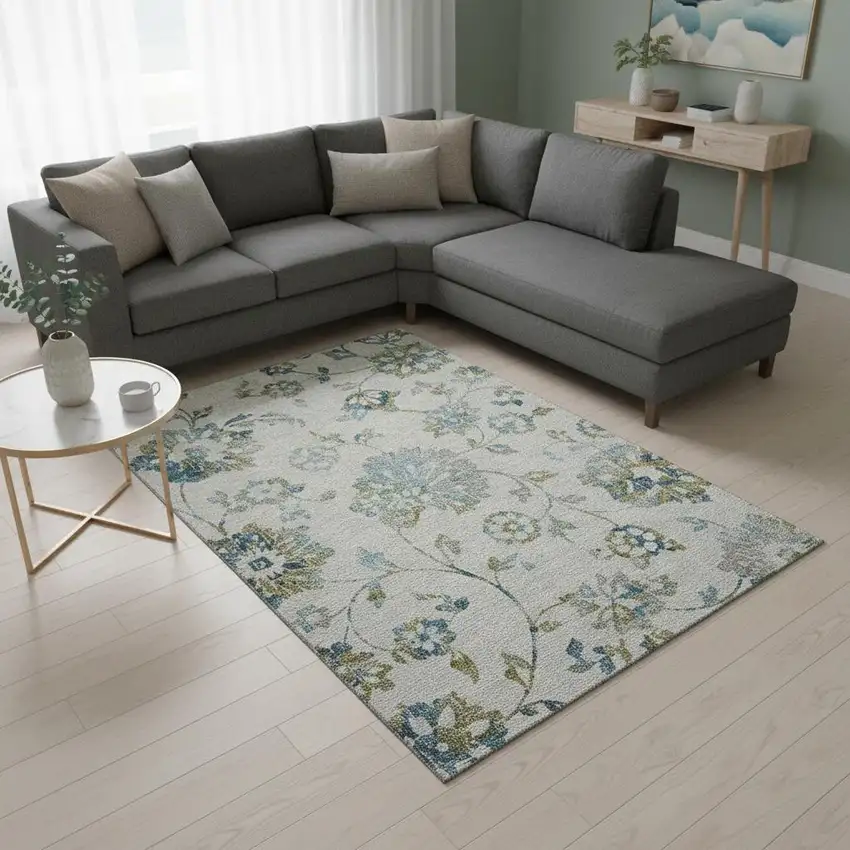 Taupe Blue And Gold Floral Washable Area Rug With UV Protection Photo 2