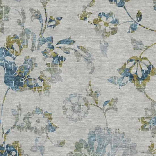 Taupe Blue And Gold Floral Washable Area Rug With UV Protection Photo 3