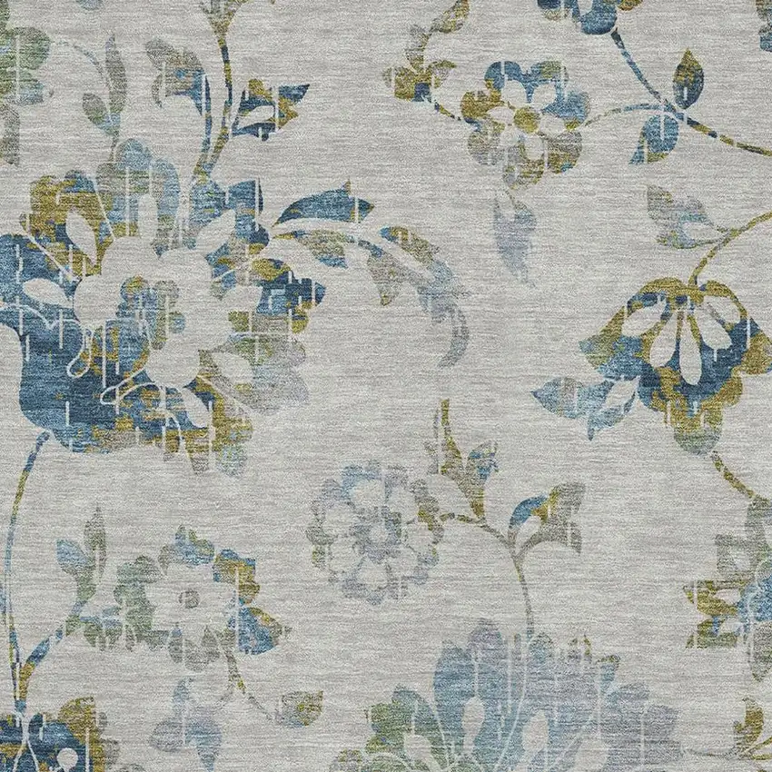 Taupe Blue And Gold Floral Washable Area Rug With UV Protection Photo 3