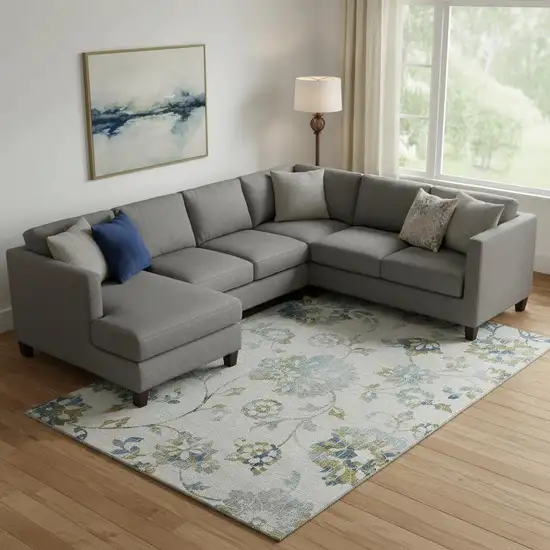 Taupe Blue And Gold Floral Washable Area Rug With UV Protection Photo 1