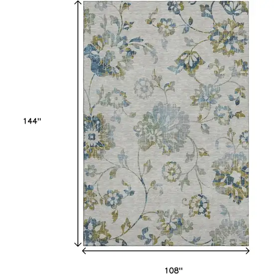 Taupe Blue And Gold Floral Washable Area Rug With UV Protection Photo 8