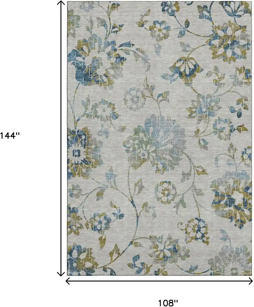 Taupe Blue And Gold Floral Washable Area Rug With UV Protection Photo 8