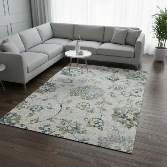 Taupe Blue And Gold Floral Washable Area Rug With UV Protection Photo 2
