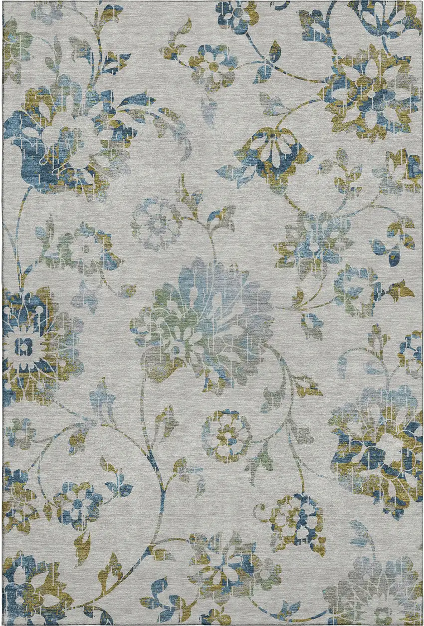 Taupe Blue And Gold Floral Washable Area Rug With UV Protection Photo 1