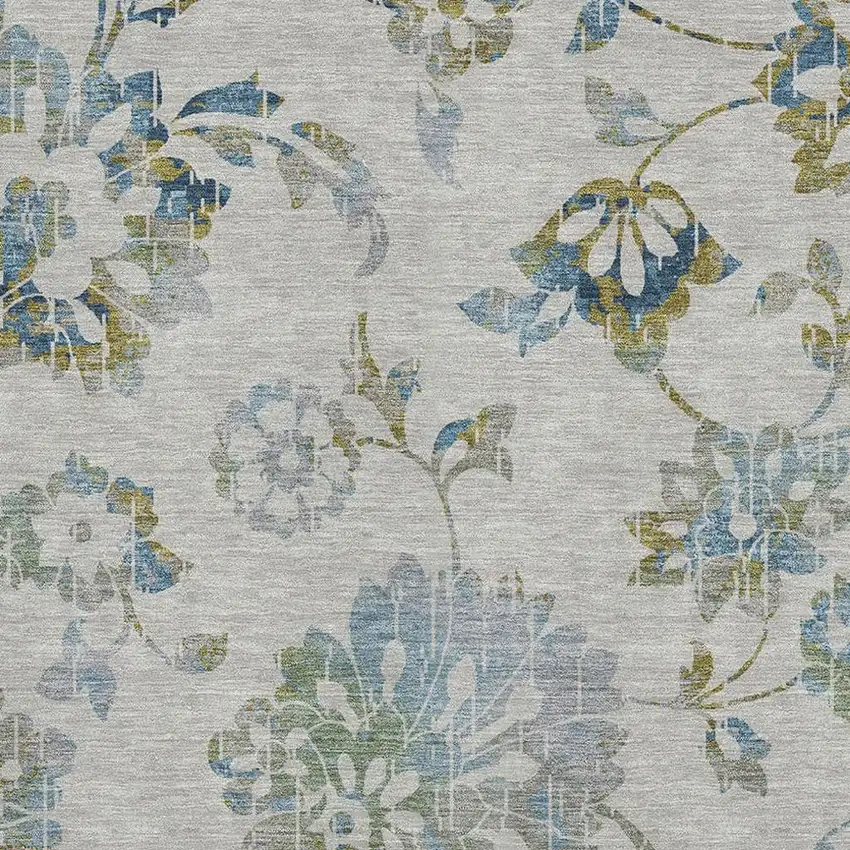 Taupe Blue And Gold Floral Washable Area Rug With UV Protection Photo 3