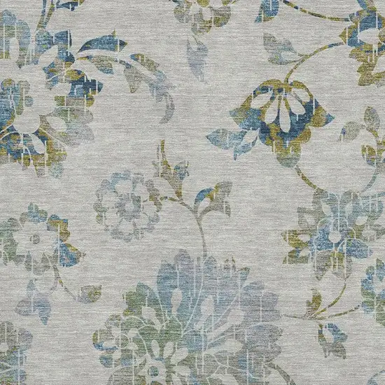 Taupe Blue And Gold Floral Washable Area Rug With UV Protection Photo 3