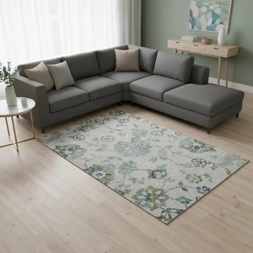 Taupe Blue And Gold Floral Washable Area Rug With UV Protection Photo 2