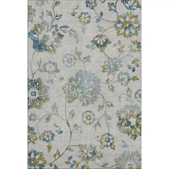 Taupe Blue And Gold Floral Washable Area Rug With UV Protection Photo 1