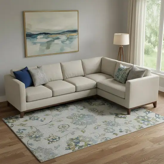 Taupe Blue And Gold Floral Washable Area Rug With UV Protection Photo 1