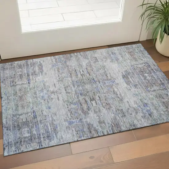 Taupe Blue And Gray Abstract Washable Area Rug With UV Protection Photo 1