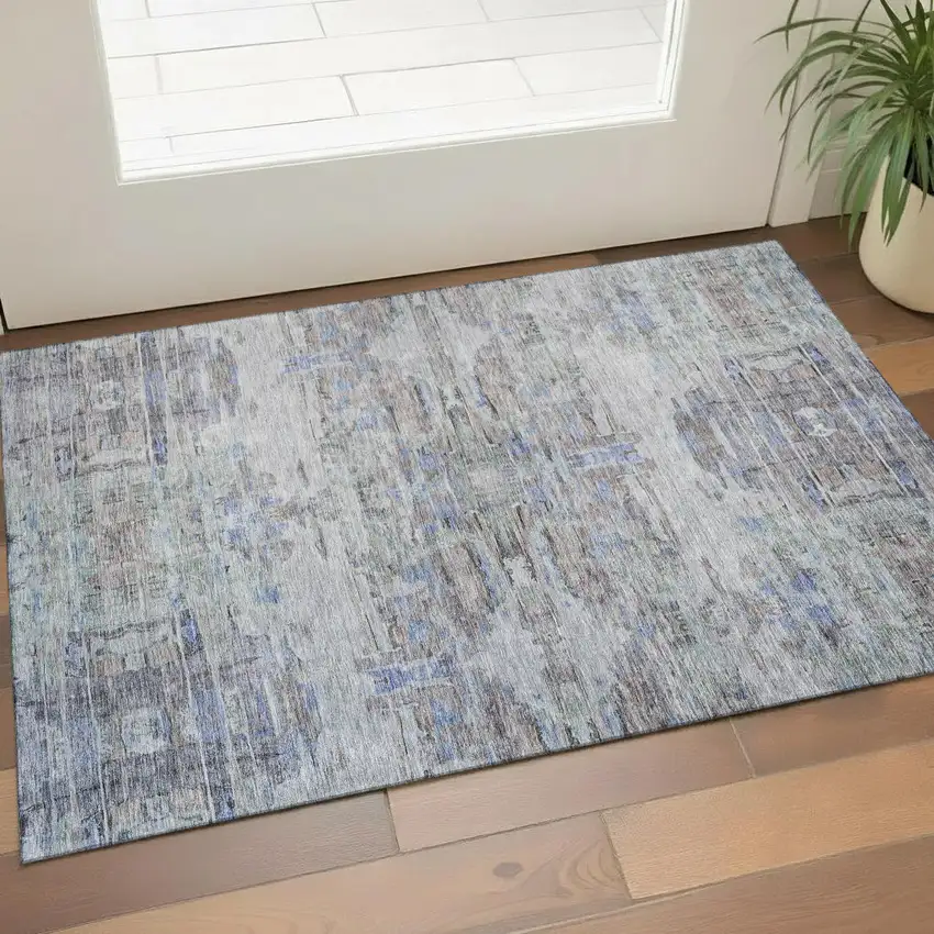 Taupe Blue And Gray Abstract Washable Area Rug With UV Protection Photo 1