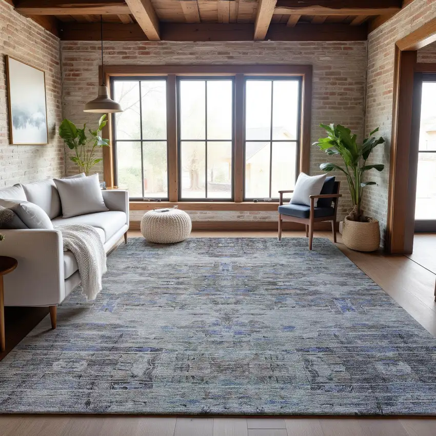 Taupe Blue And Gray Abstract Washable Area Rug With UV Protection Photo 4