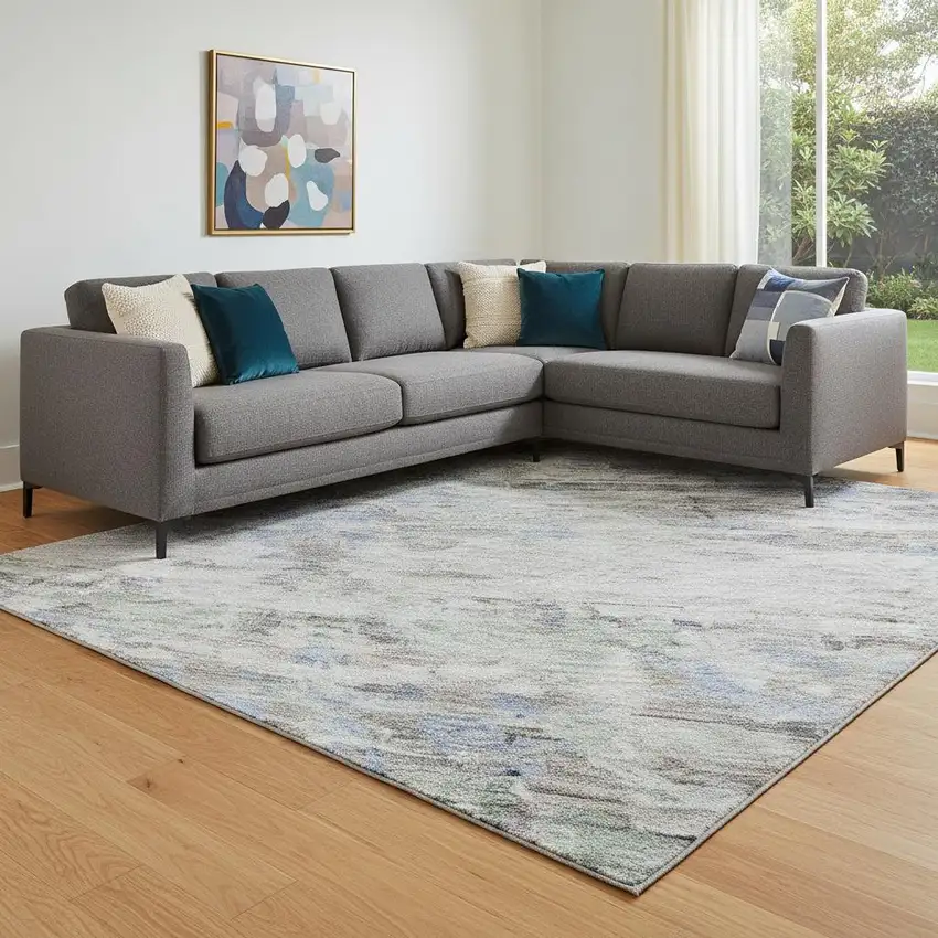 Taupe Blue And Gray Abstract Washable Area Rug With UV Protection Photo 2