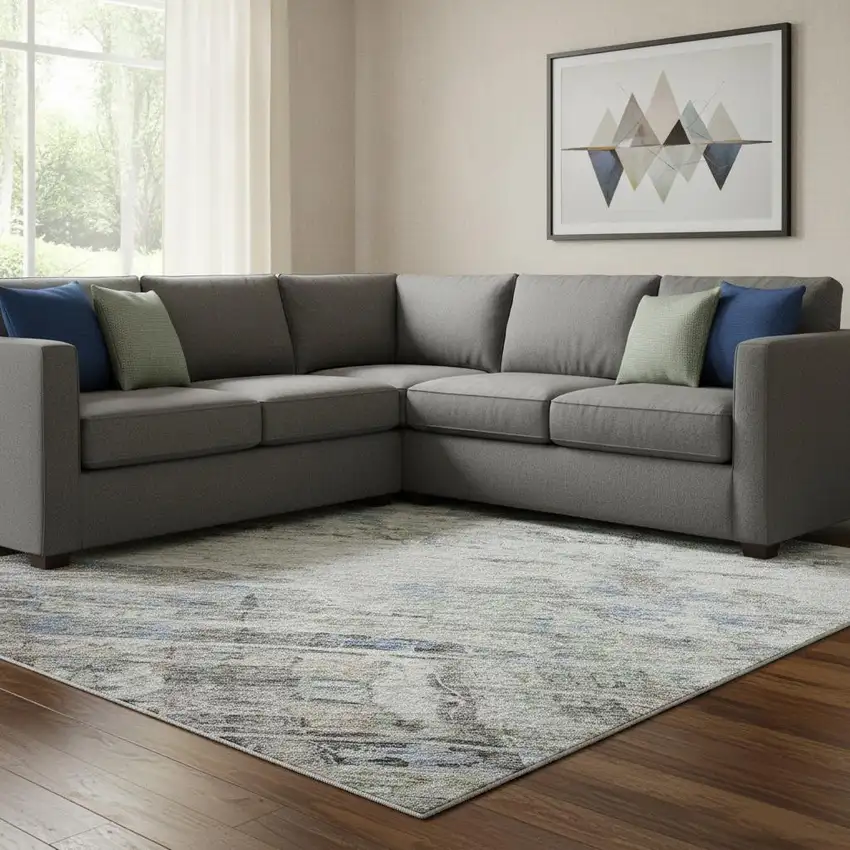 Taupe Blue And Gray Abstract Washable Area Rug With UV Protection Photo 2