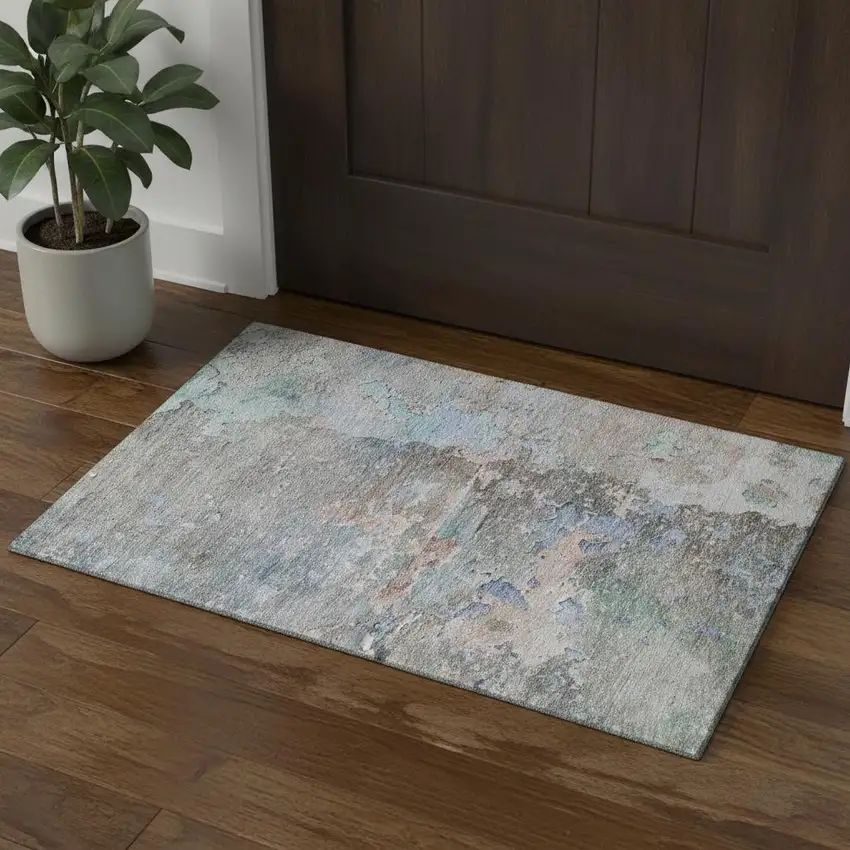 Taupe Blue And Gray Abstract Washable Area Rug With UV Protection Photo 1