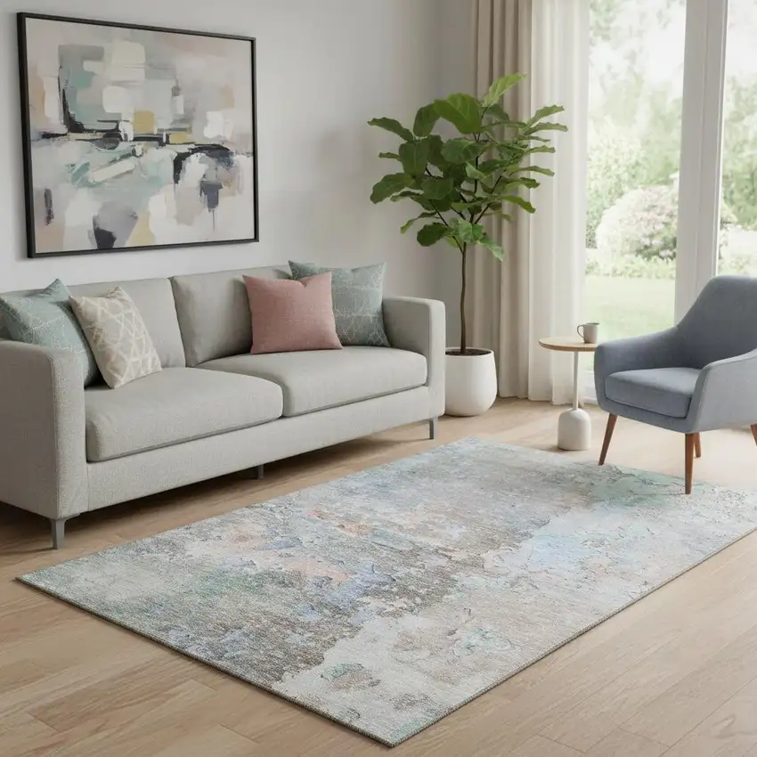 Taupe Blue And Gray Abstract Washable Area Rug With UV Protection Photo 2