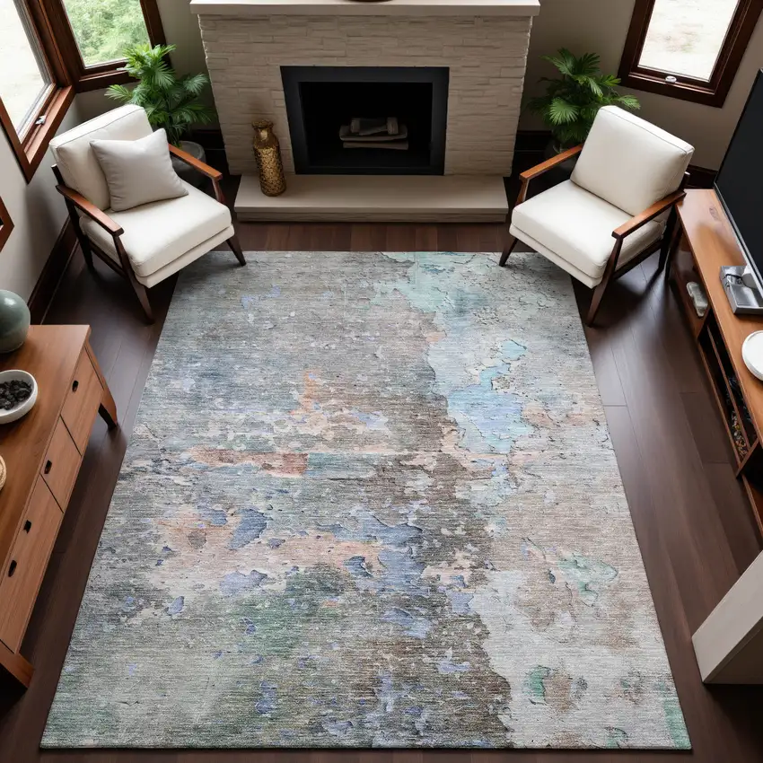 Taupe Blue And Gray Abstract Washable Area Rug With UV Protection Photo 5