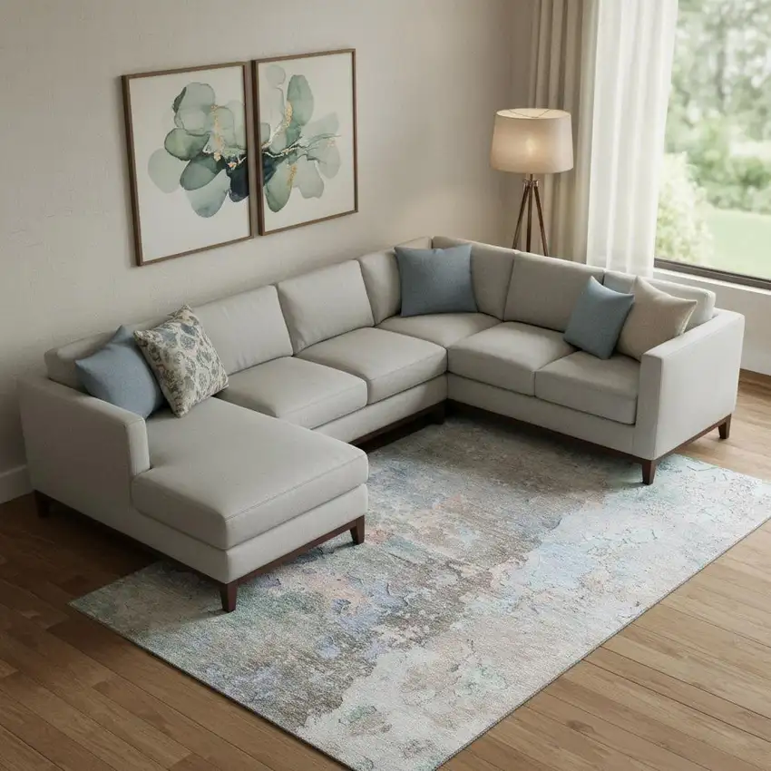 Taupe Blue And Gray Abstract Washable Area Rug With UV Protection Photo 2