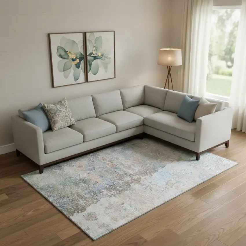 Taupe Blue And Gray Abstract Washable Area Rug With UV Protection Photo 2