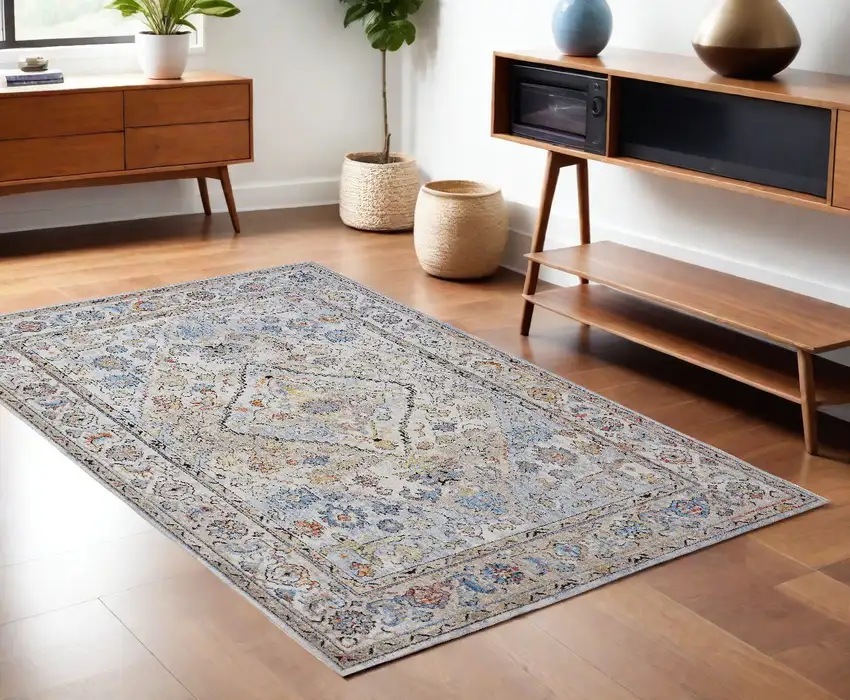 Blue and Gray Floral Area Rug Photo 1