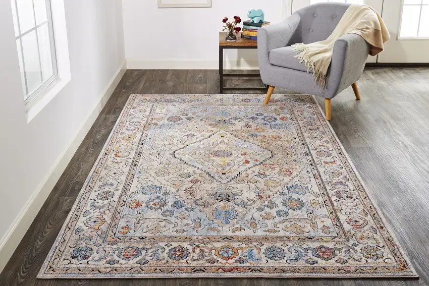 Taupe Blue And Gray Floral Stain Resistant Area Rug Photo 9