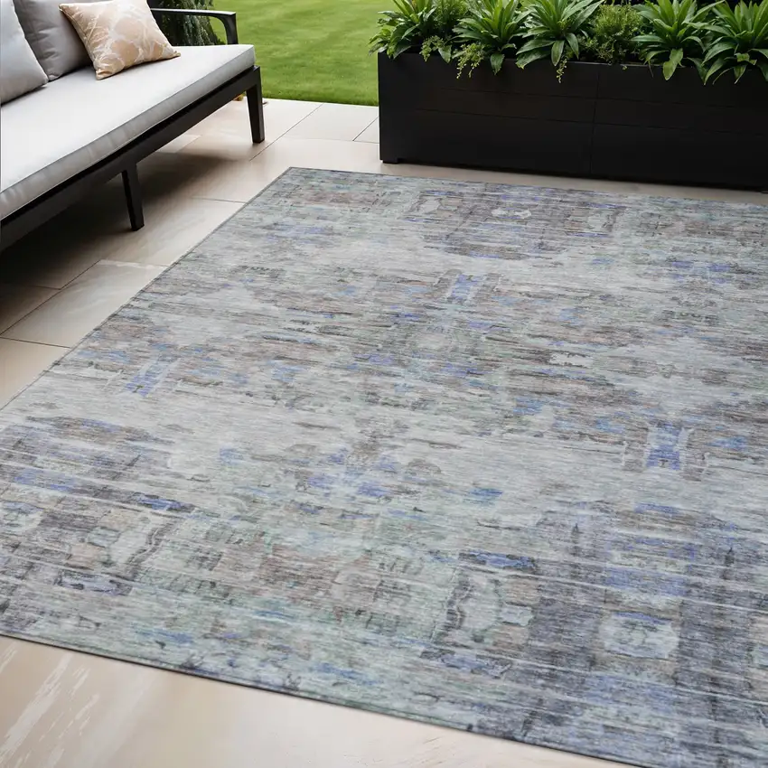 Taupe Blue And Green Abstract Washable Indoor Outdoor Area Rug Photo 1