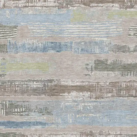 Taupe Blue And Green Striped Washable Area Rug With UV Protection Photo 2