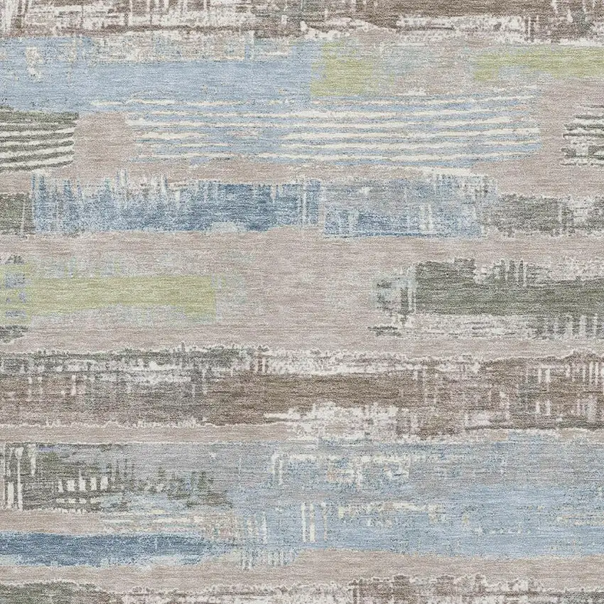 Taupe Blue And Green Striped Washable Area Rug With UV Protection Photo 2