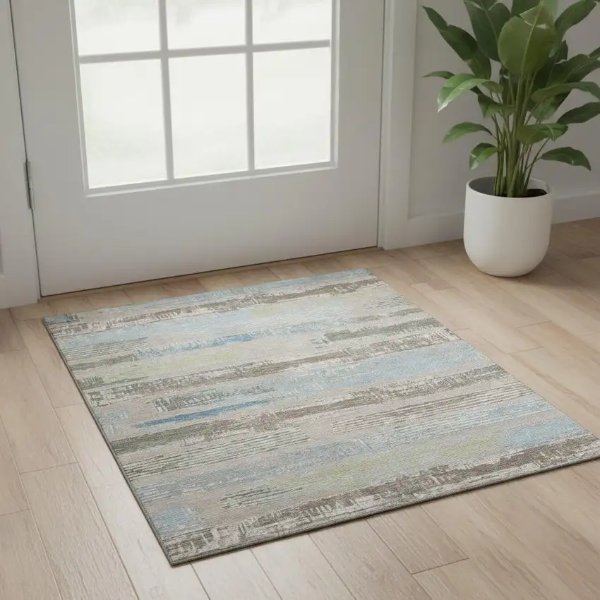 Taupe Blue And Green Striped Washable Area Rug With UV Protection Photo 2