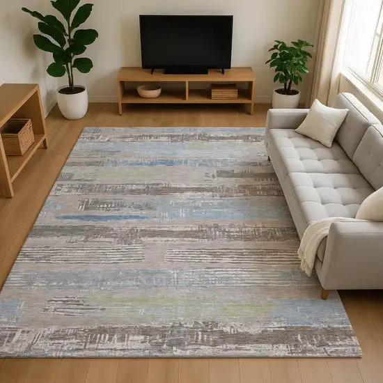 Taupe Blue And Green Striped Washable Area Rug With UV Protection Photo 4