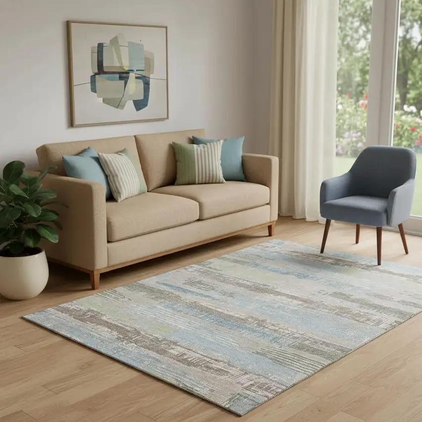 Taupe Blue And Green Striped Washable Area Rug With UV Protection Photo 2