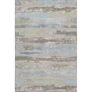 Photo of Taupe Blue And Green Striped Washable Area Rug With UV Protection