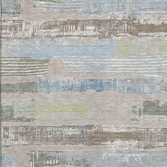 Taupe Blue And Green Striped Washable Area Rug With UV Protection Photo 2