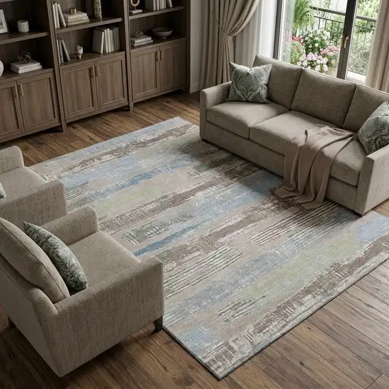 Taupe Blue And Green Striped Washable Area Rug With UV Protection Photo 1