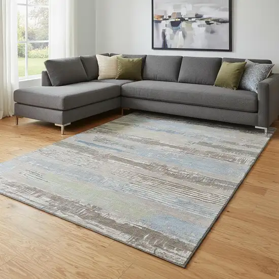 Taupe Blue And Green Striped Washable Area Rug With UV Protection Photo 2