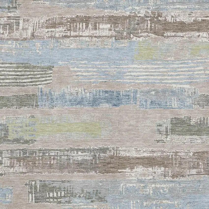 Taupe Blue And Green Striped Washable Area Rug With UV Protection Photo 2