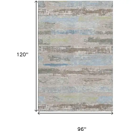 Taupe Blue And Green Striped Washable Area Rug With UV Protection Photo 6