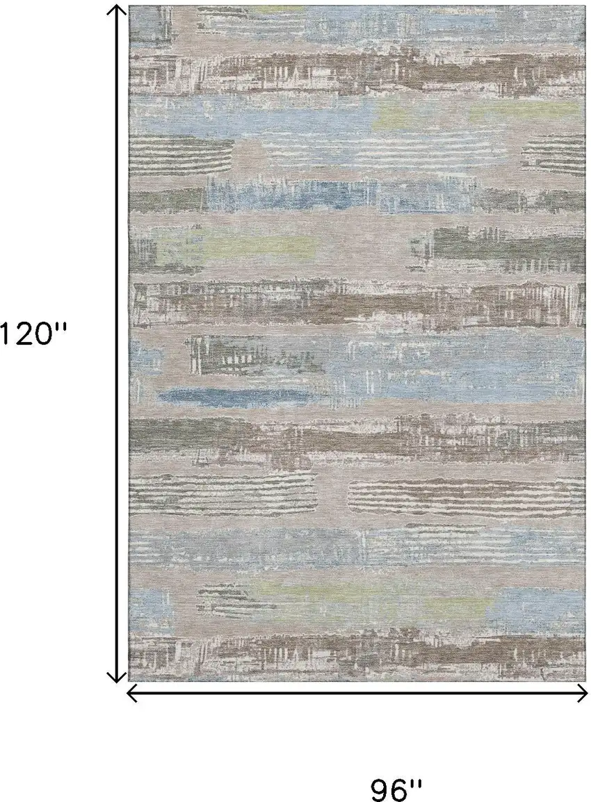 Taupe Blue And Green Striped Washable Area Rug With UV Protection Photo 6