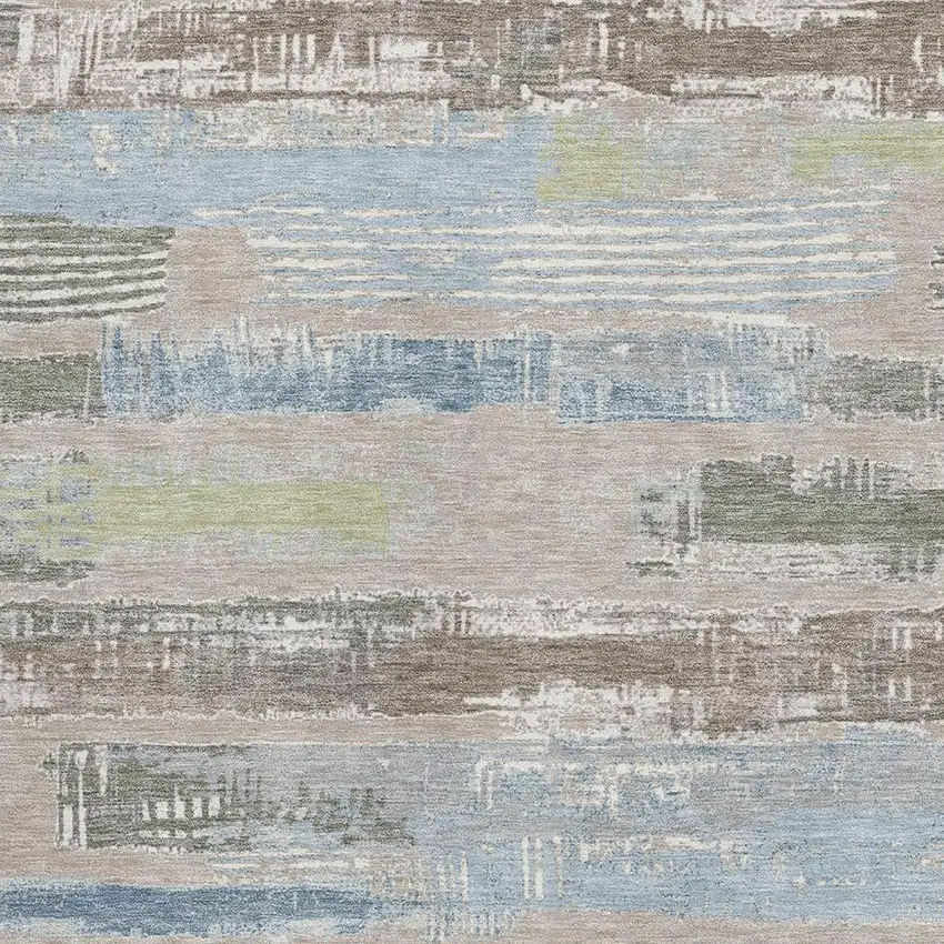 Taupe Blue And Green Striped Washable Area Rug With UV Protection Photo 2