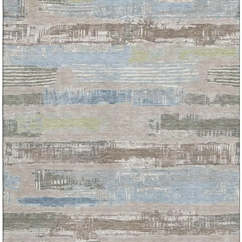 Taupe Blue And Green Striped Washable Area Rug With UV Protection Photo 3