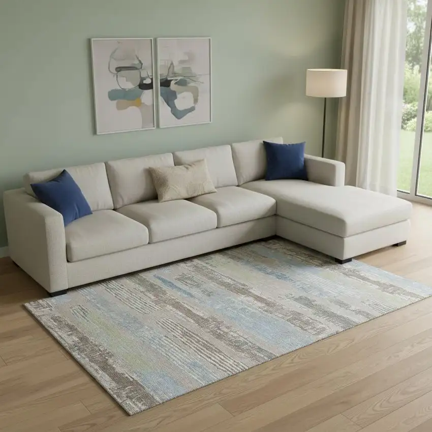 Taupe Blue And Green Striped Washable Area Rug With UV Protection Photo 2